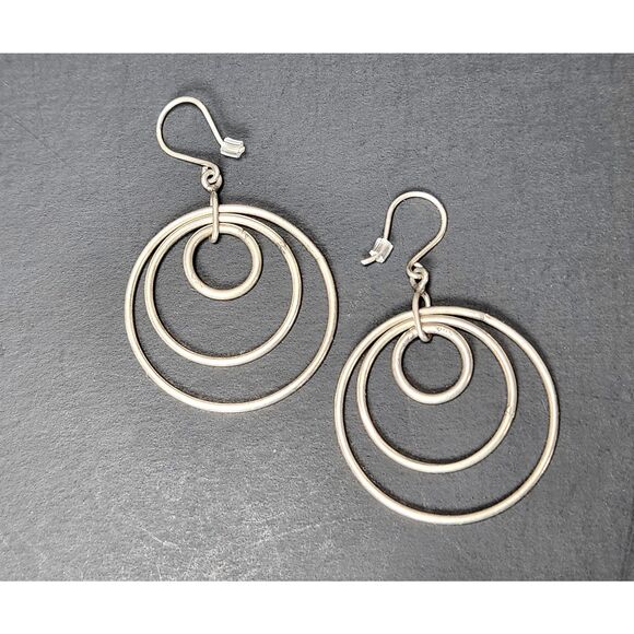 Sterling Silver Boho Triple Hoop Earrings 925 Marked Tested 2" Geometric Drops - Picture 2 of 5